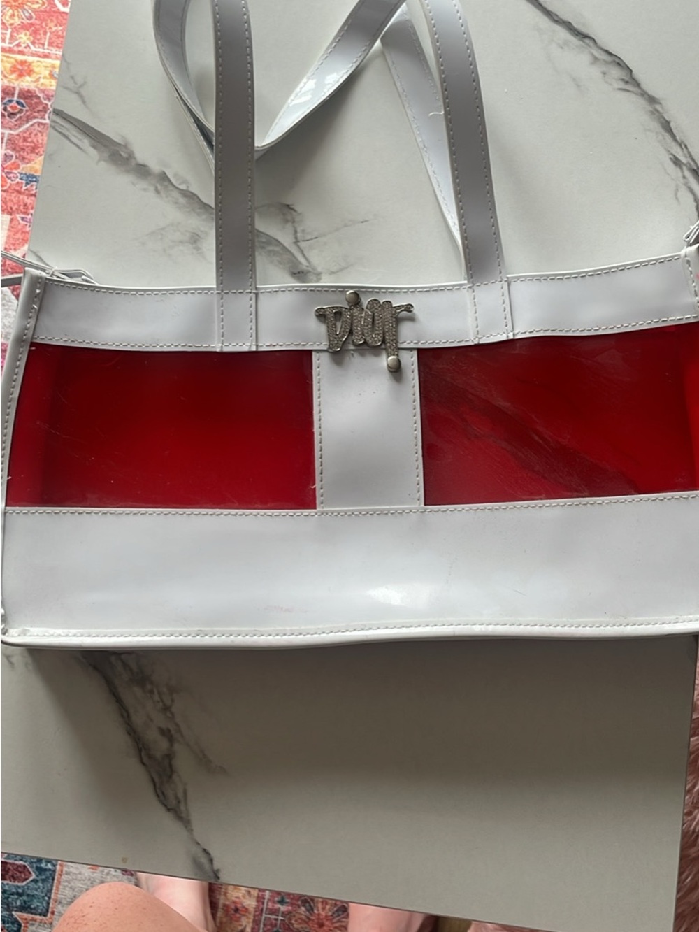 White and Red Patent Tote Bag with Decorative Logo Accent